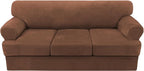 H.VERSAILTEX Thick Velvet Sofa Cover - 4 Piece T Cushion Slipcover Set for 3 Cushion Couch - Stretch, Washable, Caramel