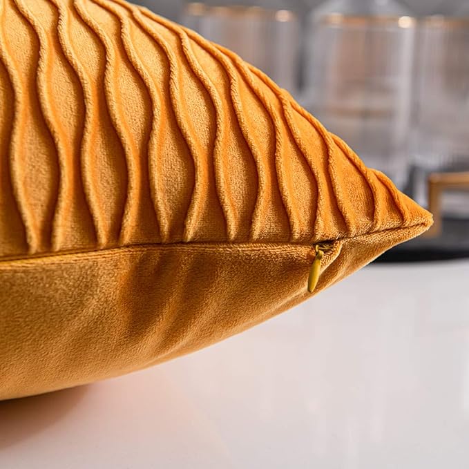 Fall Golden Yellow Couch Pillow Covers: 2 Pack 22x22 Inch Original Striped Velvet Square Throw Pillow Cases for Farmhouse Home Decor