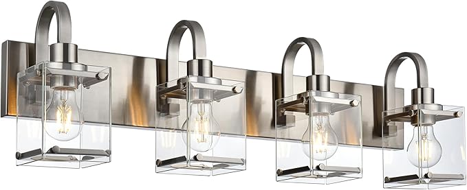 Brushed Nickel Bathroom Light Fixtures, 4 -Light Vanity Lighting Fixture Over Mirror with Clear Glass Shade Wall Sconce Lighting for Mirror Kitchen Living Room Bedroom Hallway