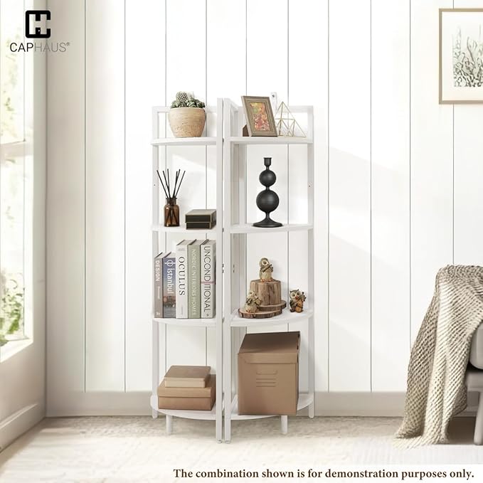 CAPHAUS 4 Tier Corner Shelf, 46.5-Inch Tall Corner Bookshelf, Metal Frame Display Rack, Round Corner Shelf Unit Rack, Small Corner Stand for Bathroom, Living Room, Home, Office, White