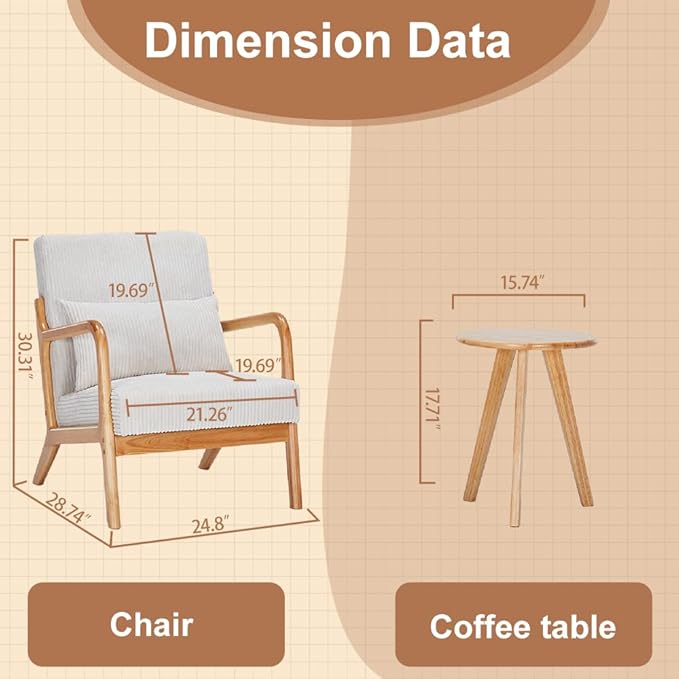 KEIKI Mid-Century Modern Upholstered Accent Chair with Side Table, Reading Chair Set