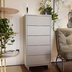 Manhattan Comfort Granville 24-Inch Modern Tall Dresser with 5 Full Extension Soft Close Drawers, Textured Ribbed Lines Design Made of Solid Wood with Gold Accent, TV Stand for Bedroom, Light Grey