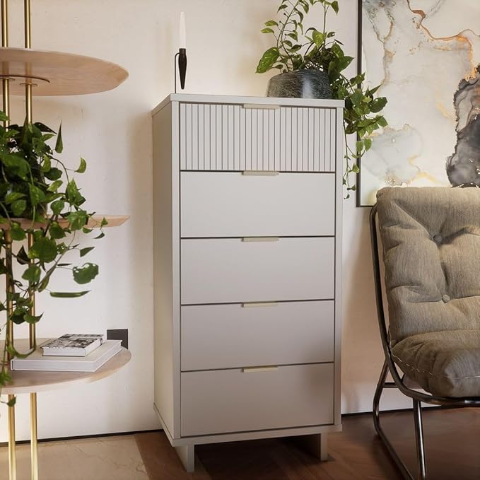 Manhattan Comfort Granville 24-Inch Modern Tall Dresser with 5 Full Extension Soft Close Drawers, Textured Ribbed Lines Design Made of Solid Wood with Gold Accent, TV Stand for Bedroom, Light Grey
