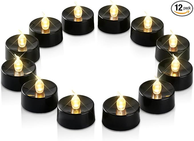 Black Candles, 12 Pack Tea Lights Candles Battery Operated, LED Tealight Candle, Flameless Votive Candle for Fall Holiday Decor, Theme Party -1.4" D X 1.3" H