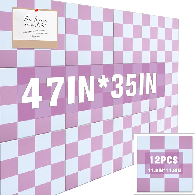 Geyoga 12 Pcs Cork Board for Wall 12 x 12 Inch Retro Colorful Checkered Bulletin Board Acoustic Wall Panels Boho Felt Tiles Cute Self Adhesive Hanging Decor for Office Home Classroom(Pink Plaid)