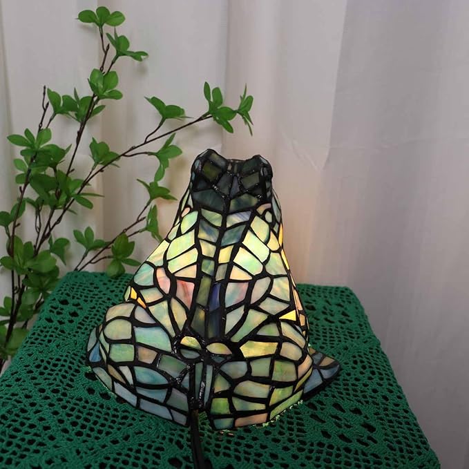 Bieye L10829 Frog Table Lamp Tiffany Style Stained Glass Accent Night Light for Home Décor Nursery Bedside (Multi-Colored)