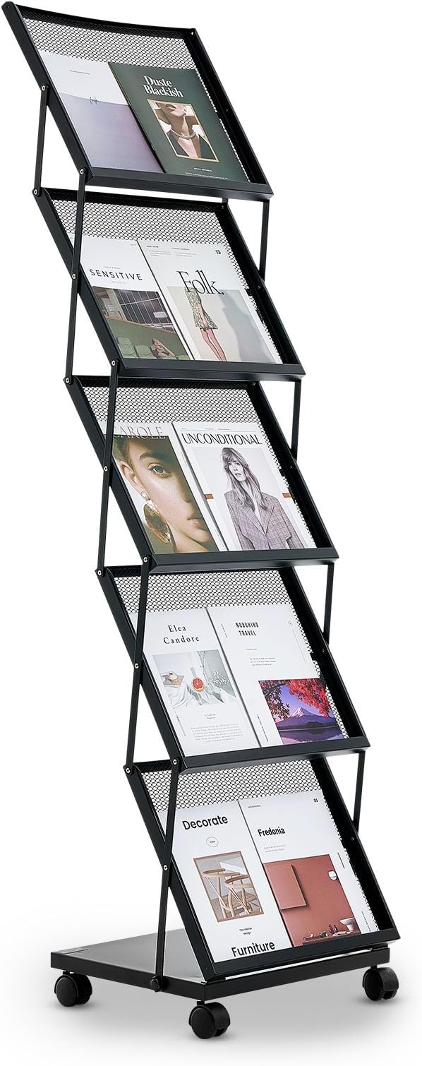 VEVOR Brochure Display Rack, Foldable 5 Pockets Magazine Literature Display Stand, Movable Floor Standing Magazine Rack with Wheels, Metal Newspaper Catalog Holders for Shop Exhibitions Office Show