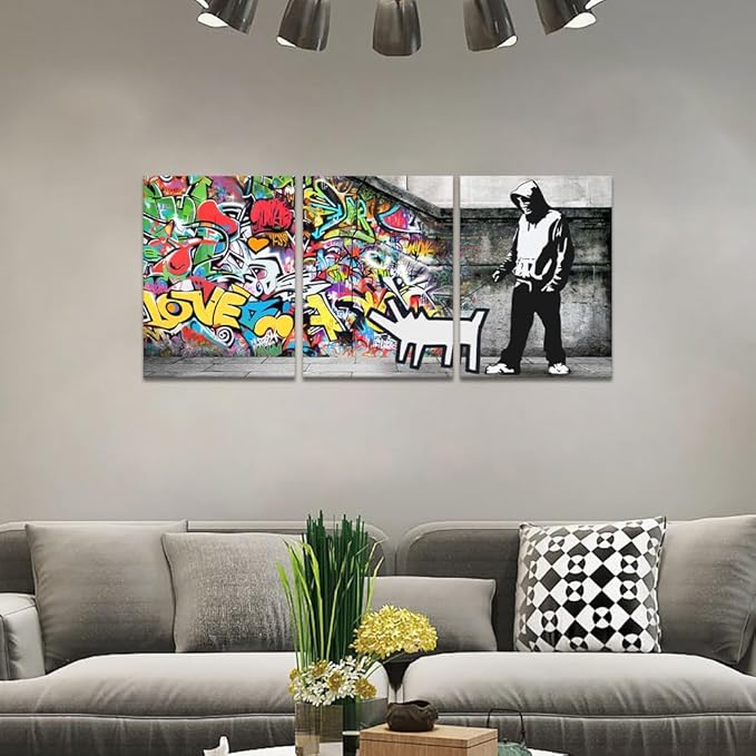 Novatique Banksy Wall Art Colorful Graffiti Canvas Wall Art Street Canvas Print Painting Street Cool Art Picture Decor Modern Graffiti Decor for Men Bedroom Living Room, 12" x 16" x 3Pcs