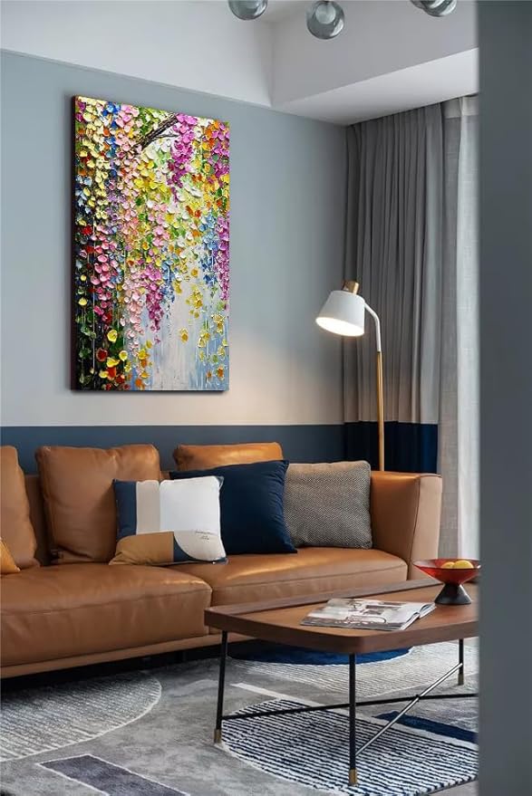 V-inspire Abstract Floral Oil Painting, Hand-Painted Canvas Wall Art, 28 x 40 inches, Colorful Forest Landscape