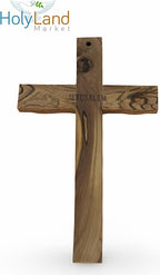 Holy Land Market Olive Wood Cross from Bethlehem - Inspirational Wall Cross for Christians, Hand Carved Wooden Cross for Wall with Certificate & Lord's Prayer Card, 10 Inches, Jerusalem Stamp