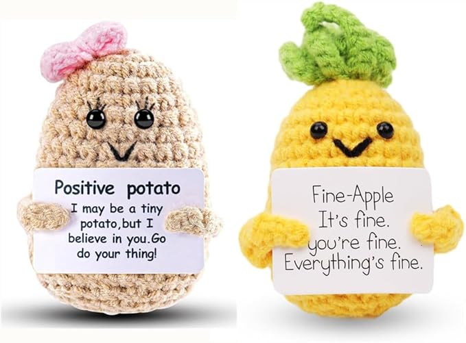 WASTIME Funny Knitted Wool Doll Toy with Positive Card - Creative Cute Mini Crochet Positive Potato Dolls Cheer Up Gift for Family Kids Friends Encouragement Decoration (Potato Girl & Pineapple)