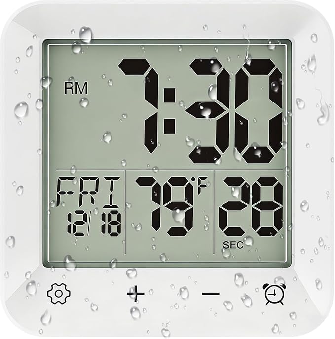 Bathroom Clock Waterproof Shower Timer, Digital Wall Clock with Countdown, Touch Screen, LCD Display, Temperature, Suction Cup/Hanging Hole/Stand, Spa Sauna, Kids and Adults I White