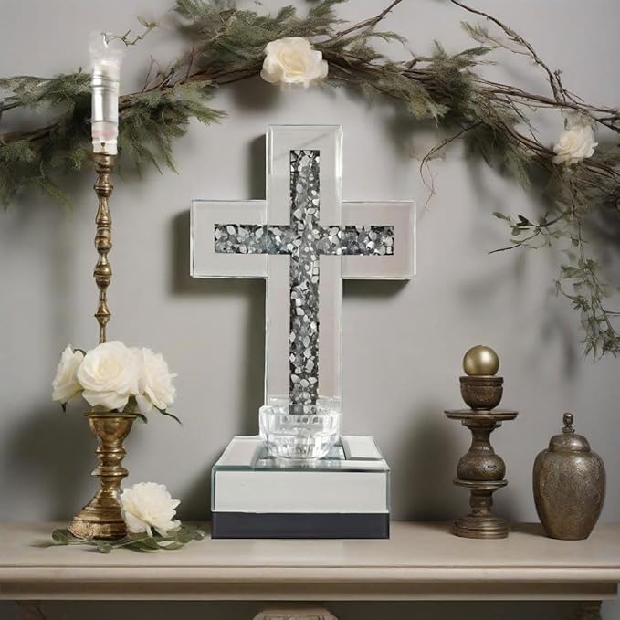 GIMORRTO Mirrored Cross Wall Decor, Crushed Diamond Crystal Glass, Religious Wall Art (Small tabletop with candle holder)