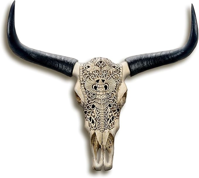 Long Horn Cow Skull, Cow Skull Wall Hanging Decor,Wall Hanging Faux Longhorn Skull Faux Taxidermy Animal Head, Handmade Decor Home Sculpture Faux Bull Horns for Wall 27″*26″*10″ (White)