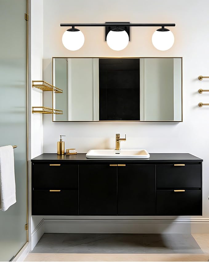 New Bathroom Vanity Light Fixtures 3 Lights Brushed Black Milk White Globe Glass Shade Modern Wall Bar Sconce Over Mirror (Exclude G9 Bulb)