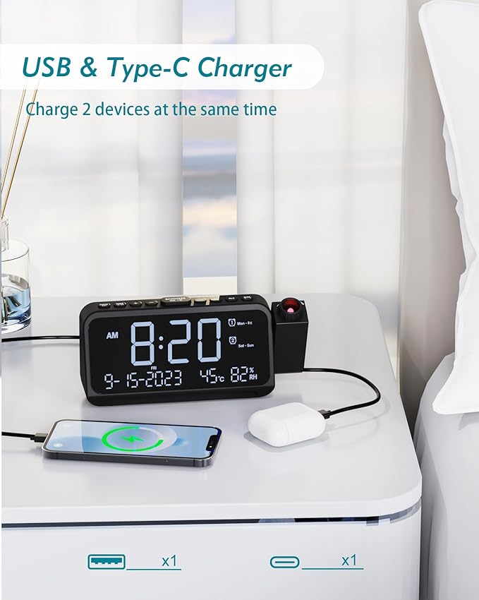 Roxicosly Projection Alarm Clock for Bedroom Ceiling, 118 dB Super Loud for Heavy Sleepers, Dual Alarm with Weekday/Weekend, Adjustable Volume, 6.7" Large Digital Dimmable Display, Easy to Read