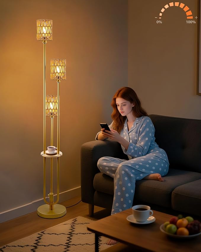 Lightdot Dimmable Boho Floor Lamps with Table, 3-Lights Rattan Floor Lamp 3000K Warmwhite Farmhouse Floor Lamp, Rustic Gold Standing Lamp for Living Room/Sofa Beside/Corner Decor(Bulbs Included