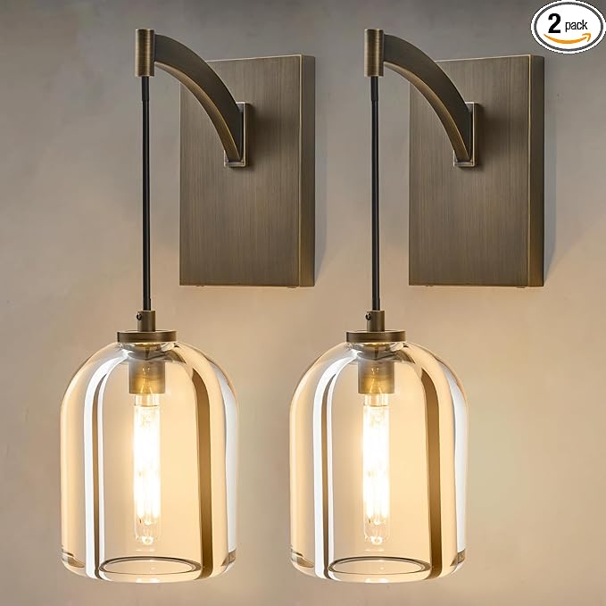 Crystal Brass Hemisphere Wall Sconce - Luxury Antique Brushed Lighting Fixture with K9 Crystals Cloche - Set of 2 Dimmable Indoor Hanging Light - Modern Gold Sconces for Bathroom Living Room Stair
