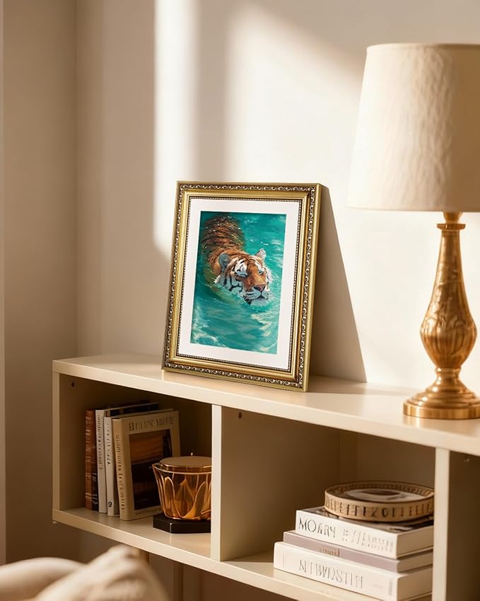 ARPEOTCY Gold Framed Canvas Wall Art, 11x14 Inch Swimming Tiger Painting, Vintage Wildlife Animal Artwork, Aqua Blue Nature Wall Decor for Living Room, Bedroom, Bathroom, or Office