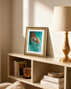 ARPEOTCY Gold Framed Canvas Wall Art, 11x14 Inch Swimming Tiger Painting, Vintage Wildlife Animal Artwork, Aqua Blue Nature Wall Decor for Living Room, Bedroom, Bathroom, or Office