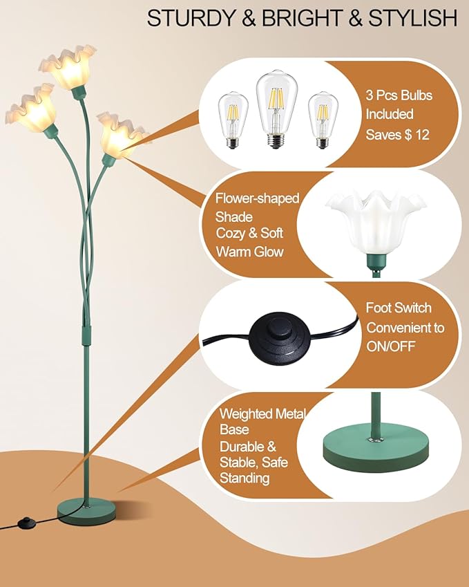 Lightdot Vintage Flower Floor Lamp for Living Room Modern Standing Lamp with DIY Flexible Branch Pole Spring Green Cute Floral Floor Lamps for Girls' Bedroom/Sofa Beside/Corner Decor(Bulbs Included)