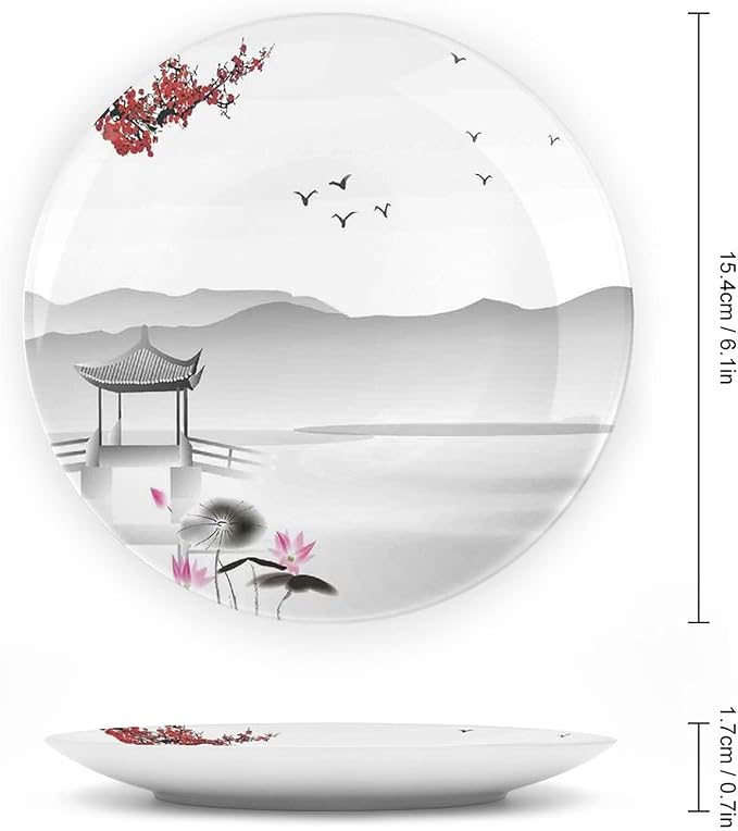 Ceramic Plates, Asian Decorative Ceramic Plates, Japanese Style Garden Bird Small Pavilion, 10 Inch, Household Plates Decorative, Grey Pink Red