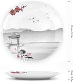 Ceramic Plates, Asian Decorative Ceramic Plates, Japanese Style Garden Bird Small Pavilion, 6 Inch, for Dining, Parties, Wedding, Grey Pink Red