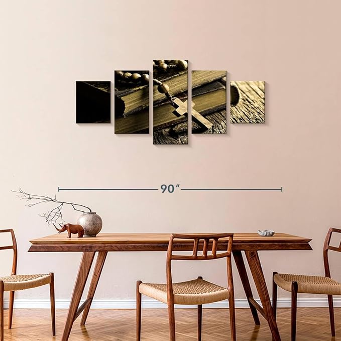 Elephant Stock Bible And Cross Wall Art Multi Piece Canvas - 5 Panel Christian Pictures Decor - Digital Design Canvas Print - Christian Wall Decor - 74" X 34"