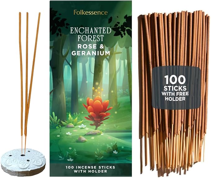 Folkulture Rose & Geranium Incense Sticks with Holder (100 Sticks)| Rose & Geranium Incents Stick for Aromatherapy | No Charcoal,Organic,Non Toxic, 45 Mins, Slow Burning Insence - Forest Inspired