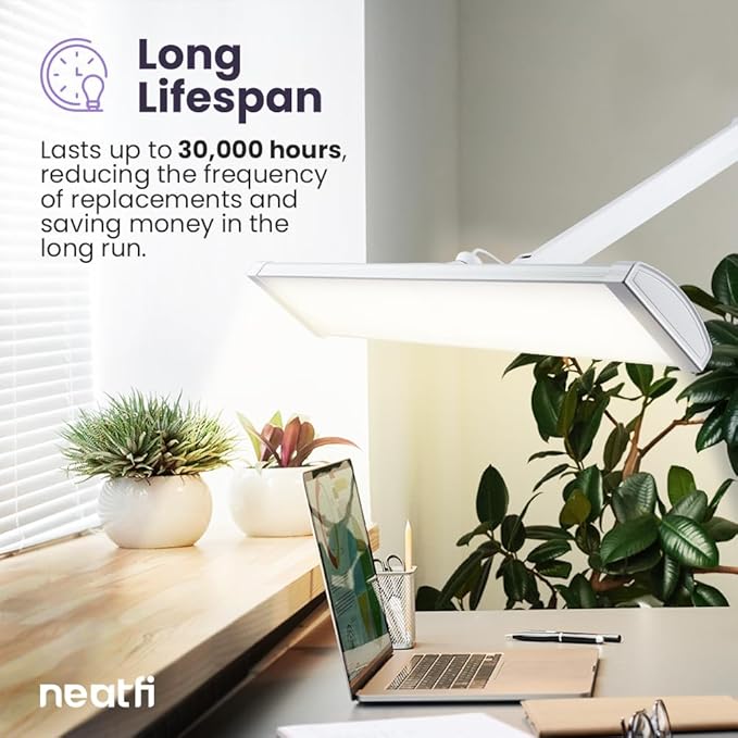 Neatfi LED Desk Lamp, 3,500 Lumens, 3 Light Modes, Dimmable, 45W, 26” Wide Shade, 540 SMD LEDs, Eye-Caring Task Lamp for Reading, Crafting, Workbench, Office (CCT with Base, White)