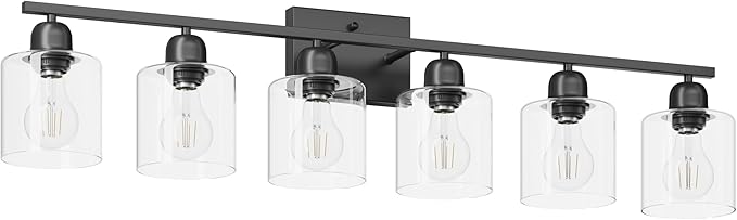 Black 6-Light Bath Vanity Lights for Mirror, Restroom Lights Fixtures with with Clear Glass Shades,Bathroom Over Sink Light Fixtures, Bathroom Light Fixtures Over Mirror