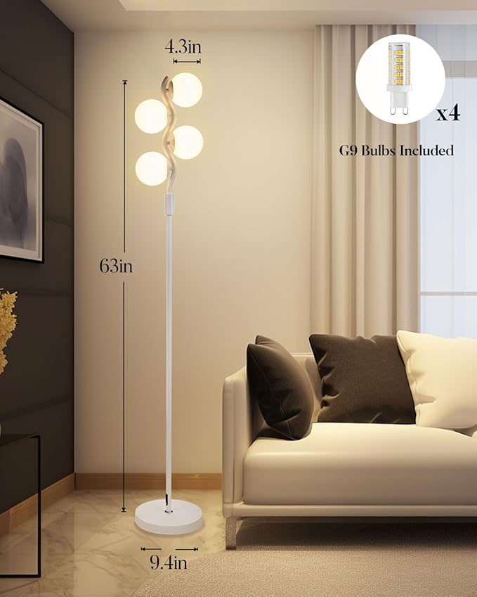 White Globe Floor Lamp Dimmable Tall Standing Lamps with Soft Warm White 3000K Bulbs, Mid Century Modern Floor Lamp for Living Room Bedroom Home Decor