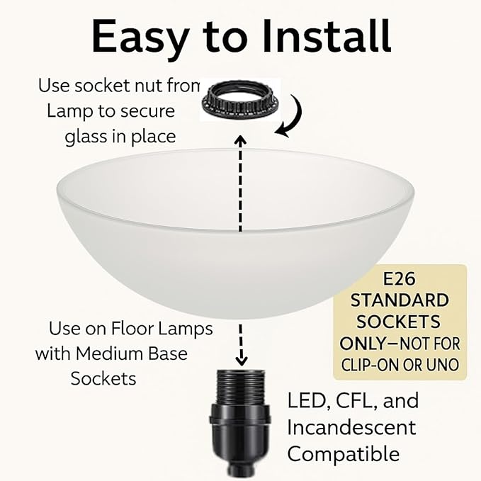 LIGHTACCENTS Glass Lamp Shade Replacement for Floor Lamp – Frosted Glass, 12” Diameter, 1.72” Opening, 4.75” Height – Lamp Shade for Floor Lamps, Replacement Glass for Floor Lamps (White)