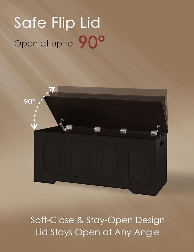 DINZI LVJ Storage Chest, 47.2”Wooden Storage Box with 2 Safety Hinges, Entryway Shoe Bench with Flip-Top, Large Trunk for Living Room, Bedroom, Easy Assembly, Espresso