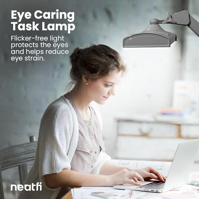 Neatfi Ultra Desk Lamp – 3,500 Lumens, 45W LED, 26-Inch Wide Shade, 5 Brightness Levels, Clamp Mount, Shadow-Free, Non-Flickering Light (Non-CCT with Clamp, Silver)