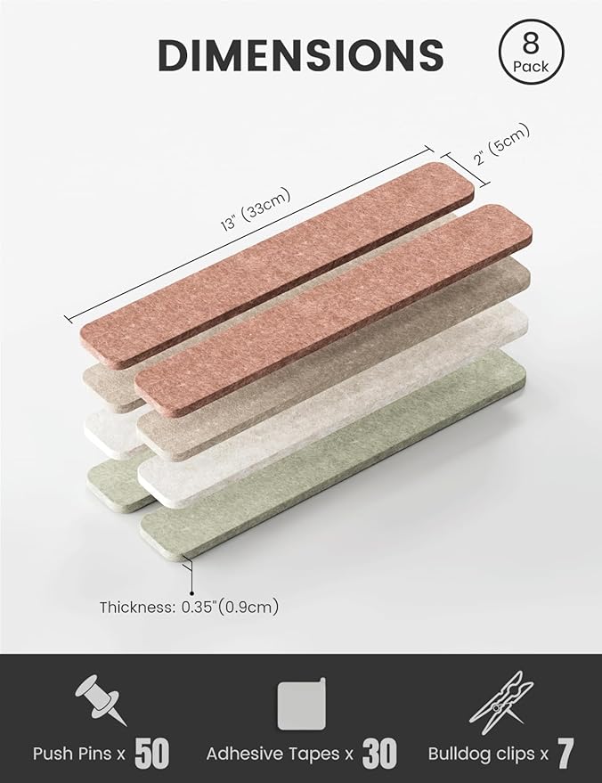 Fluxynara Cork Board Alternative Felt Strip Board 8-Pack 13"x2", Office Pin Board with 50 Push Pins, Adhesive Install for Bedroom Door & Home Office(Boho)