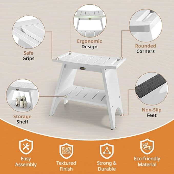 Shower Benches for Inside Shower to Sit On, Shower Stool for Shaving Legs, 500lbs Shower Chair with Space-Efficient Storage Shelf, Waterproof Shower Seat for Spa Bathroom, Indoor or Outdoor 18”x17”