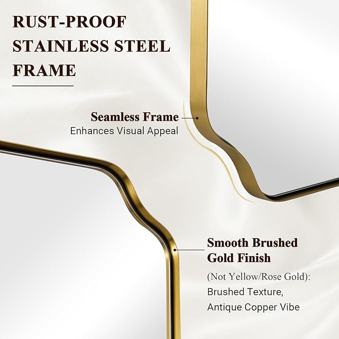 ANDY STAR 30"x55" Large Bathroom Mirror, Gold Scalloped Mirror for Bathroom, Brushed Brass Full Length Wall Mirror with Rust-Proof Stainless Steel Frame, Hangs Vertically or Horizontally