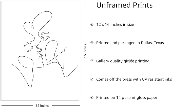 Y2K BOO Kissing Couple UNFRAMED Wall Art Romantic Intimacy Continuous Line Drawing 12x16 Inch Heavyweight Paper Modern Minimalist Love Studio Decor