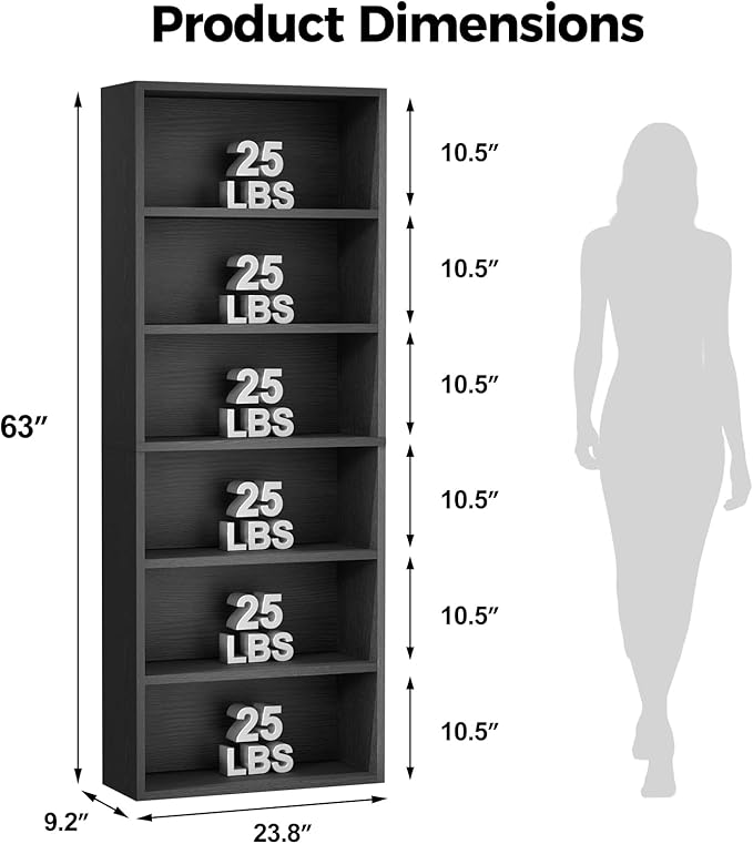 6-Tier Open Bookcase, Freestanding Wood Bookshelf with Display Storage Shelves, Modern Bookcase for Living Room, Bedroom, or Home Office, Black