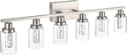 MELUCEE 6-Light LED Bathroom Vanity Light, Modern Brushed Nickel Bathroom Light Bar with Crystal Bubble Clear Glass Shade, Dimmable Bathroom Wall Sconce Lamp 3000K-6000K, Built-in LED Chips