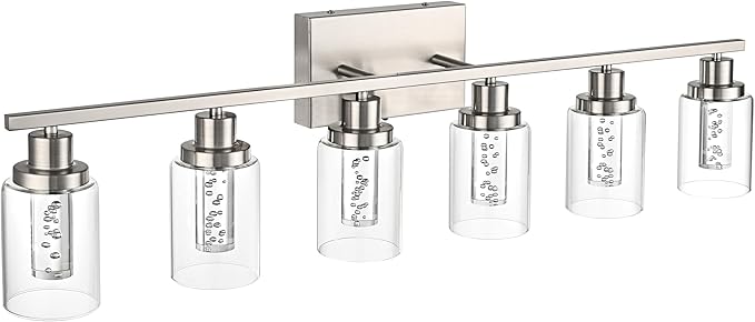 MELUCEE 6-Light LED Bathroom Vanity Light, Modern Brushed Nickel Bathroom Light Bar with Crystal Bubble Clear Glass Shade, Dimmable Bathroom Wall Sconce Lamp 3000K-6000K, Built-in LED Chips