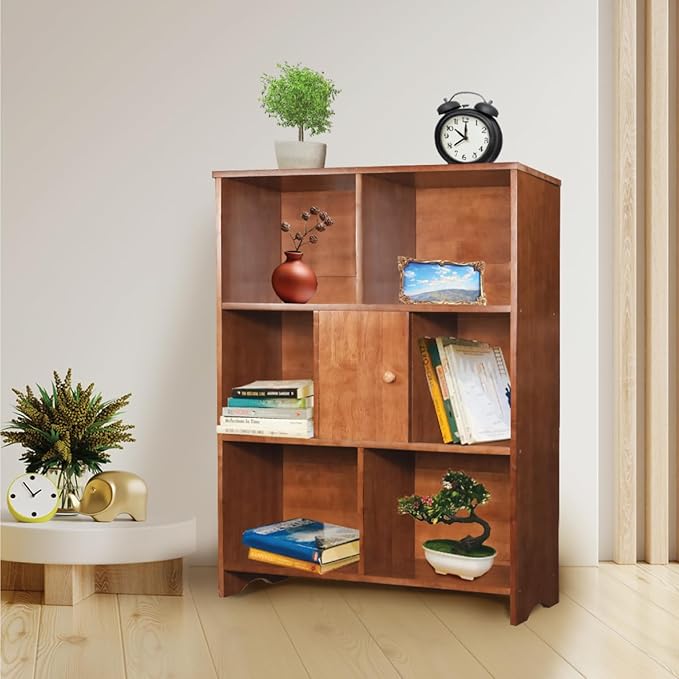 Brown Bookcase by Natural Wood, 7 Cube Bookshelf, Small Book Shelves Freestanding Display Storage Shelves. Open Bookshelf for Bedroom, Living Room and Office (Brown, 7 Cube)