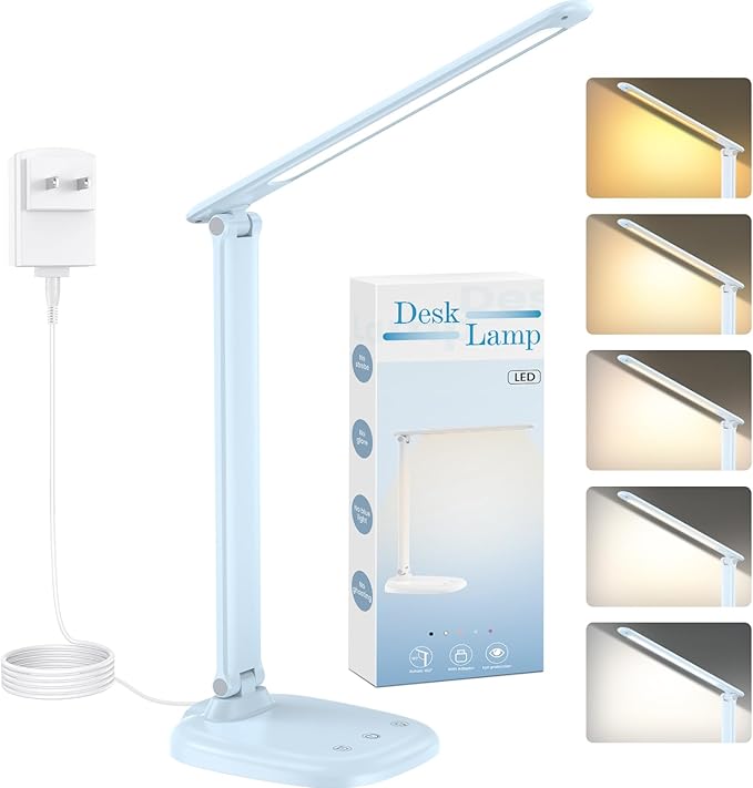Desk Lamp with Charger, 10%-100% Stepless Dimmable & 5 Color Modes Study Lamp, Touch Control, 30-/60-minute Timer, USB Charging Output Port, CRI≥90, Eye-Caring Foldable LED Desk Lamps for Home Office
