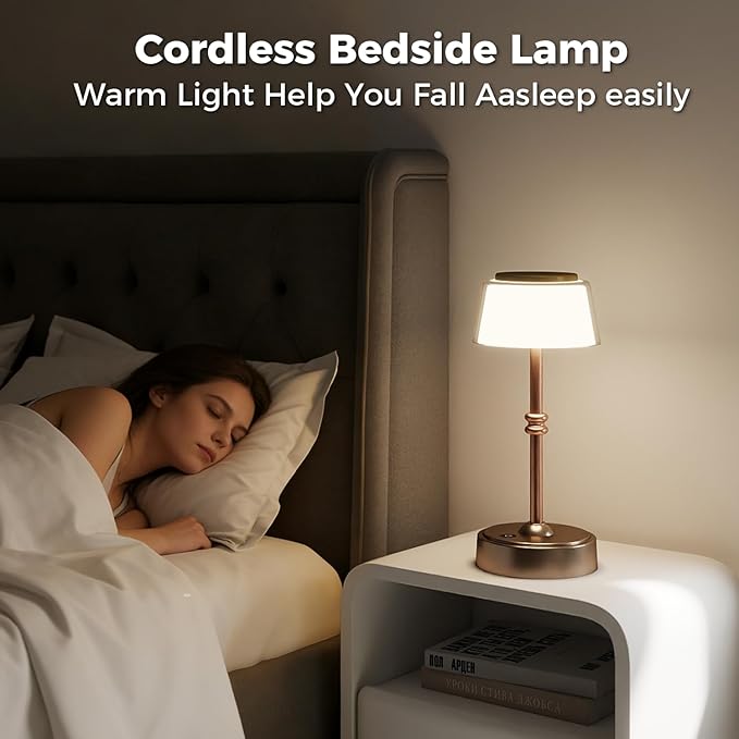 LED Cordless Lamp, 5 Colors Stepless Dimming Table Lamp, 4400mAh Rechargeable Battery with USB Charging Port, Portable Touch Bedside Light for Patio, Restaurant, Dining (1, Antique Brass)