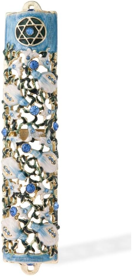 Matashi 3.5" Hand Painted Mezuzah with Scroll - Embellished with Ivy and Flowers Design, Blue Crystals - Jewish Holiday Housewarming Gift and Blessing for Christmas Holiday, Festival