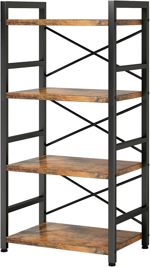 Tall Bookshelf for Small Spaces, 4-Tier Industrial Bookcase with Metal Frame and Wood Shelves, Vertical Storage Shelf for Apartments, Condos, and Small Rooms