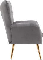 Container Furniture Direct Modern Chic Mid-Century Velvet Accent Armchair for Living Room, Bedroom, or Home Office, Button-Tufted Wingback Design with Gold Flared Legs, Grey