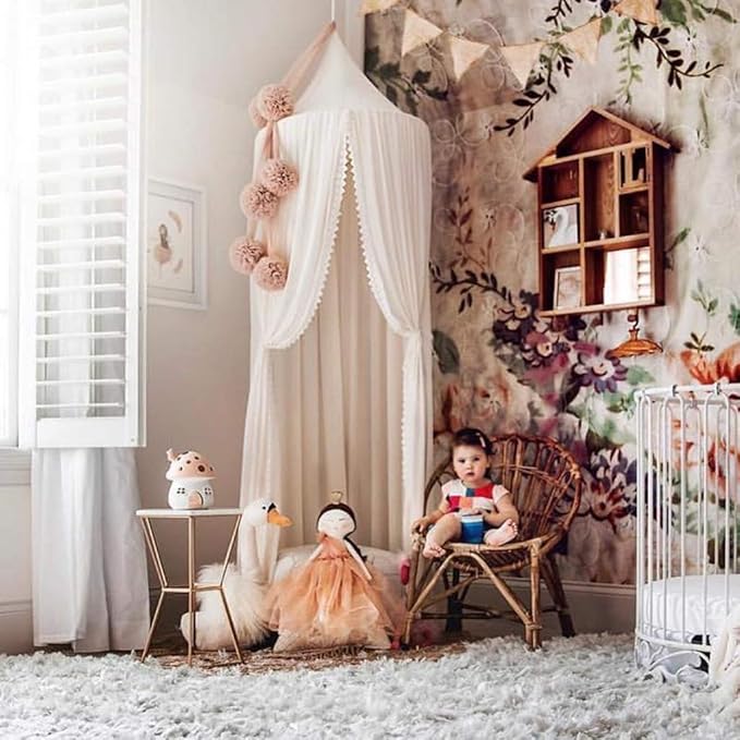 OldPAPA Kids Bed Canopy with Pom Pom Hanging Mosquito Net for Baby Crib Nook Castle Game Tent Nursery Play Room Decor，White
