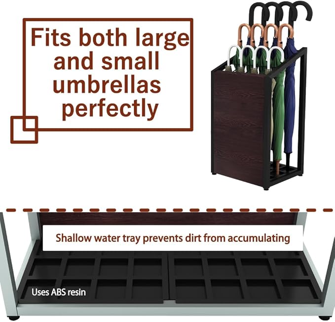 AKIRA Mid-Size Umbrella Stand for 12-Umbrellas Modern Brown Wood Grain & Gray Metal Entryway Organizer Rack Holder for Office or Lobby, Model US-US-0325-GYDB